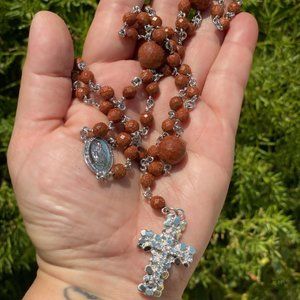 925 SS Brown goldstone beaded rosary necklace